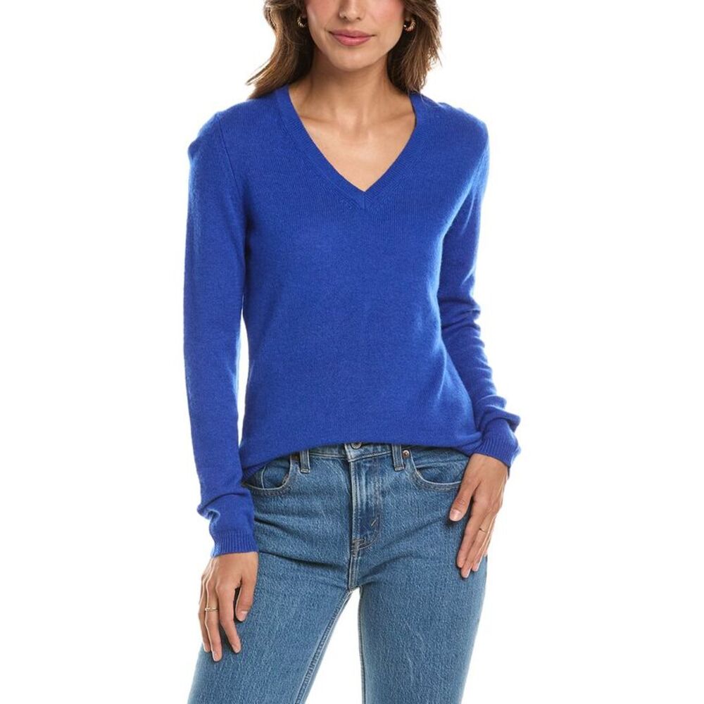 Forte Cashmere Womens  Basic V-Neck 100% Cashmere Pullover, Blue
